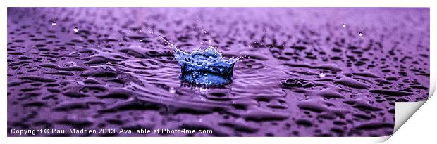 Blue water drop on purple Print by Paul Madden