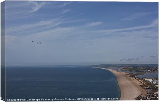 Red Arrows over Chesil Beach Canvas Print by Graham Custance
