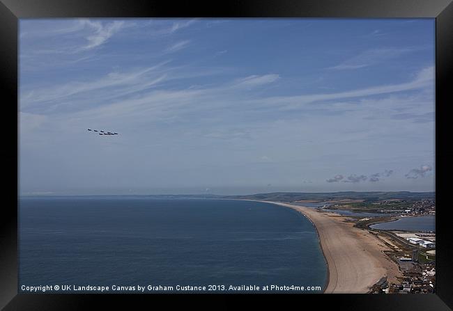 Red Arrows over Chesil Beach Framed Print by Graham Custance