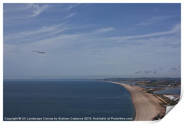 Red Arrows over Chesil Beach Print by Graham Custance
