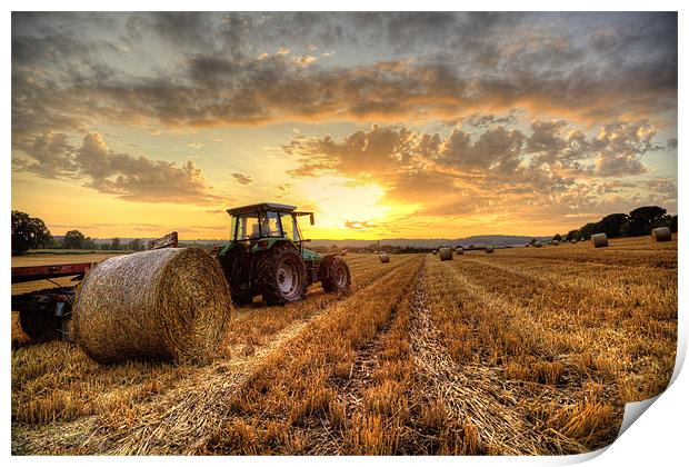 Tractor Harvesting Sunset Print by Simon West