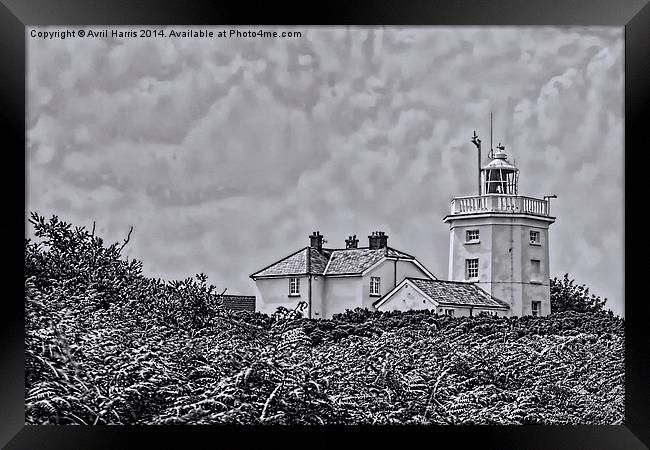 Cromer Lighthouse Black and White Framed Print by Avril Harris
