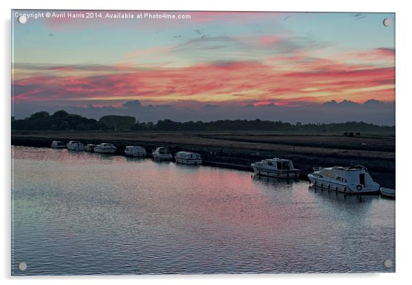 Acle river bure sunset Acrylic by Avril Harris