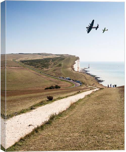 Lancaster & Spitfire over Beachy Head Canvas Print by Robert  Radford