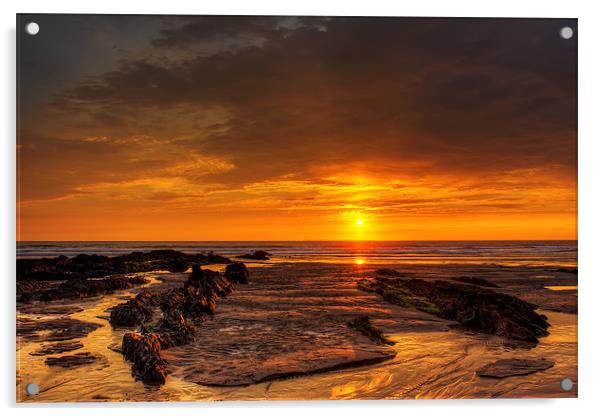 Setting sun at Croyde Bay Acrylic by Dave Wilkinson North Devon Ph
