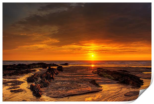 Setting sun at Croyde Bay Print by Dave Wilkinson North Devon Ph