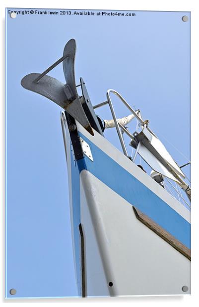The bow of a yacht set against a blue sky. Acrylic by Frank Irwin