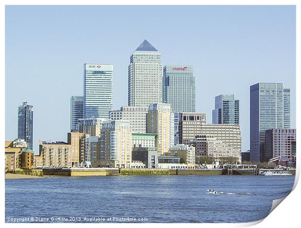 Canary Wharf from across The Thames Print by Diane Griffiths