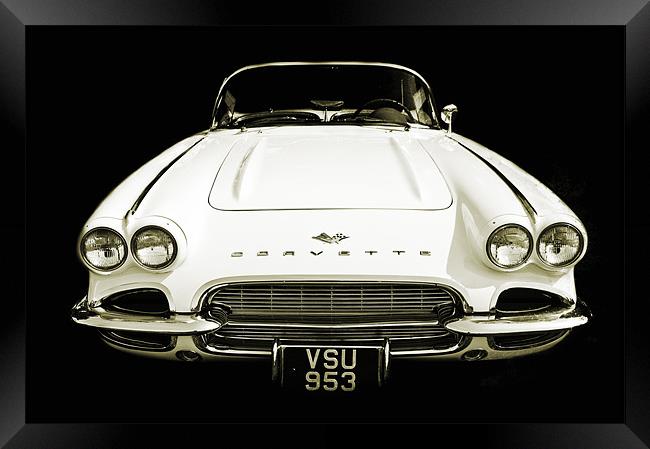 White Corvette car Framed Print by Dawn Cox