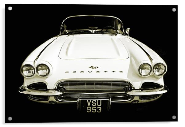 White Corvette car Acrylic by Dawn Cox