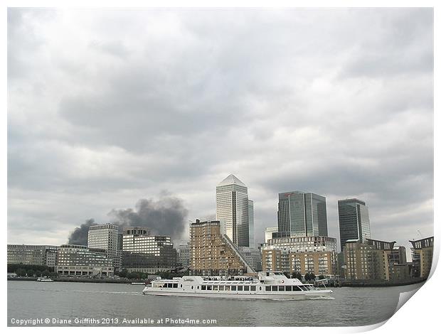 Smoke at Canary Wharf Print by Diane Griffiths