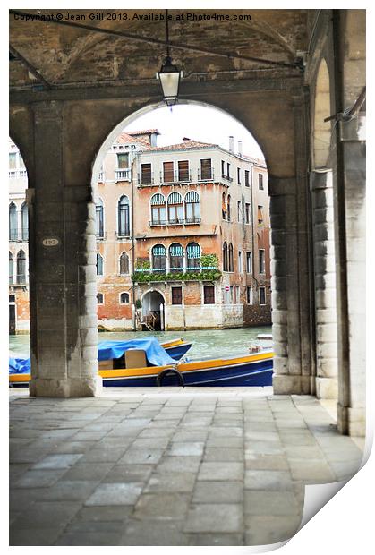 Venice Boat through Arches Print by Jean Gill