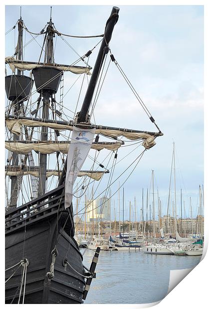 Replica Tall Ship Barcelona Print by Jean Gill