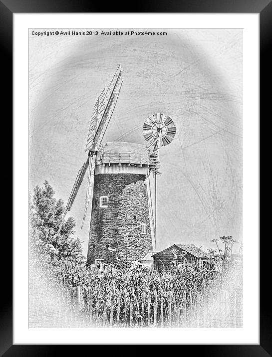 Horsey windpump black and white Framed Mounted Print by Avril Harris