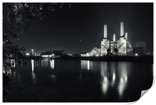Battersea Power Station at night (mono) Print by Izzy Standbridge