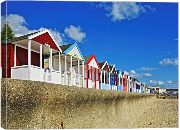 Southwold Beach Huts and Sea Wall Canvas Print by Bill Simpson