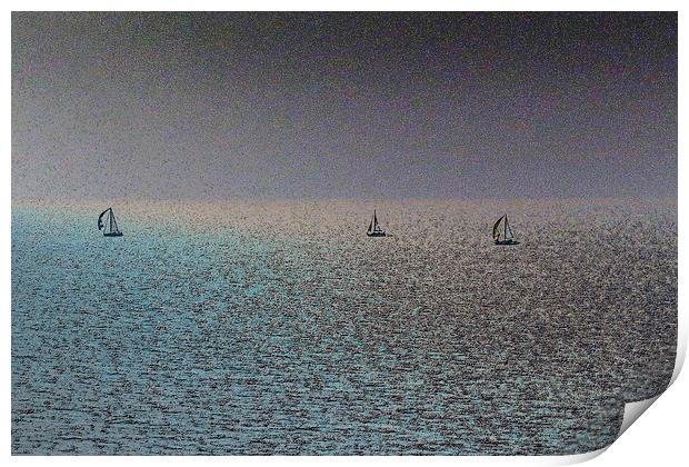 Three Distant Yachts Print by David Pyatt