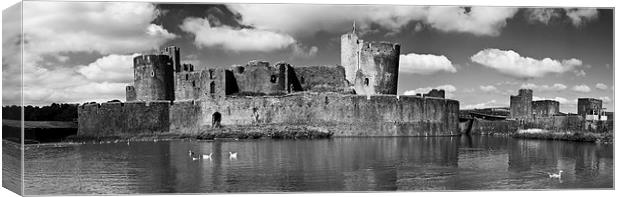 Caerphilly Castle Panorama Monochrome Canvas Print by Steve Purnell