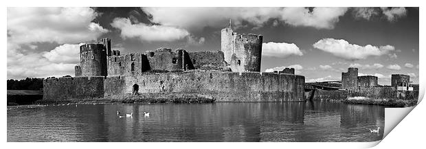 Caerphilly Castle Panorama Monochrome Print by Steve Purnell