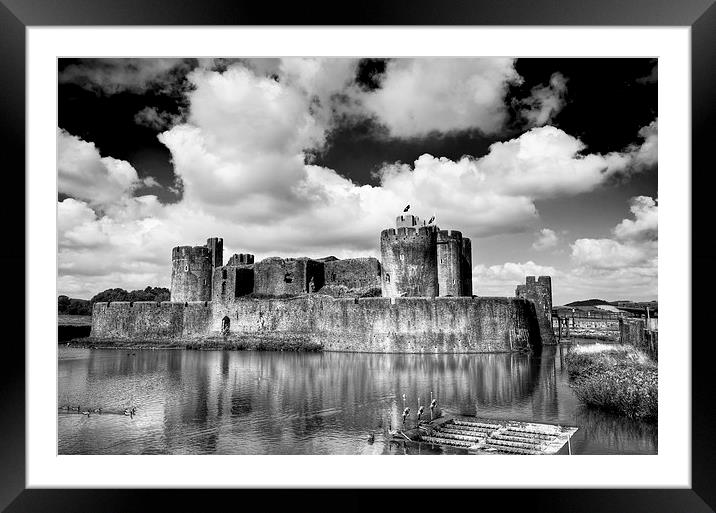Caerphilly Castle 5 Monochrome Framed Mounted Print by Steve Purnell