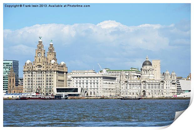 Liverpools Three Graces from the river. Print by Frank Irwin