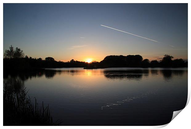 Lake, Sunset, Plane and Eel. Print by Tony Dimech