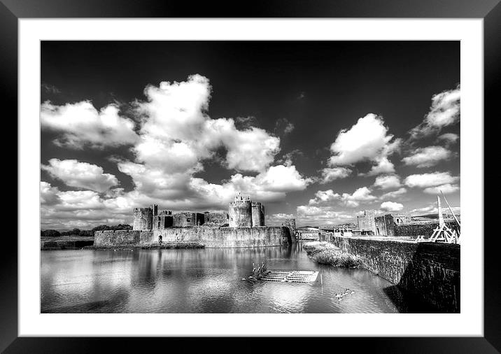 Caerphilly Castle 6 Monochrome Framed Mounted Print by Steve Purnell