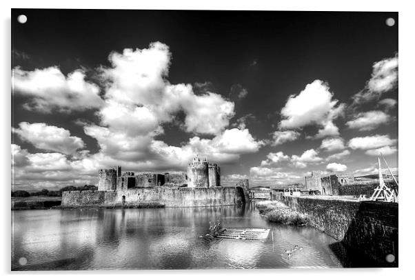 Caerphilly Castle 6 Monochrome Acrylic by Steve Purnell