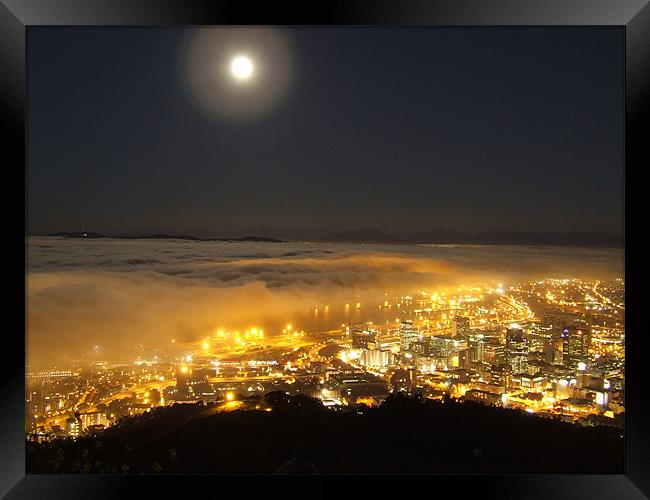 Fullmoon Fog Cape Town Landscape night Framed Print by Ralph Schroeder