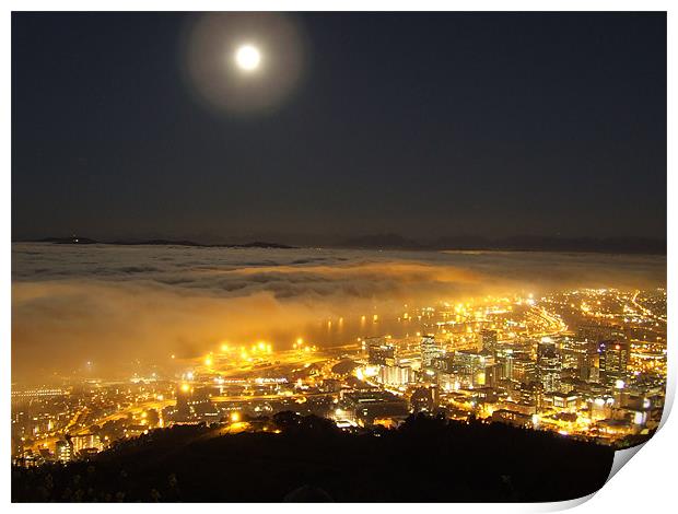 Fullmoon Fog Cape Town Landscape night Print by Ralph Schroeder