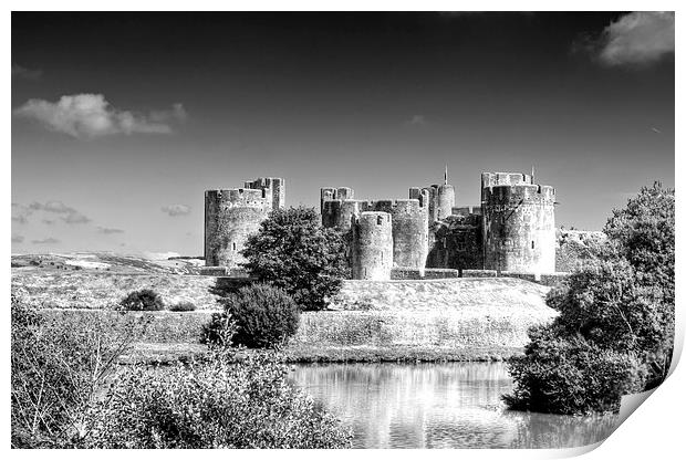 Caerphilly Castle 8 Mono Print by Steve Purnell