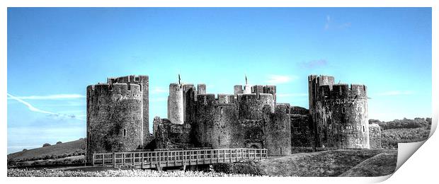 Caerphilly Castle Mono With Blue Sky Print by Steve Purnell