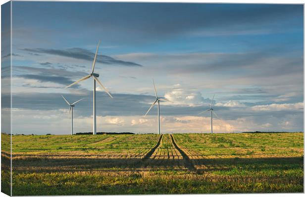 Wind turbines on a Windfarm at sunset. Canvas Print by Liam Grant