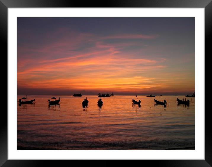 Boats at Sunset Framed Mounted Print by Laura Kenny