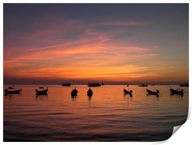 Boats at Sunset Print by Laura Kenny