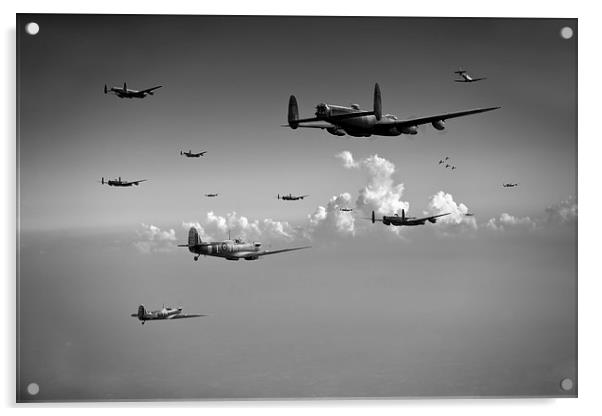 Spitfires escorting Lancasters black and white ver Acrylic by Gary Eason