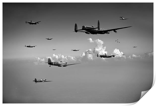 Spitfires escorting Lancasters black and white ver Print by Gary Eason