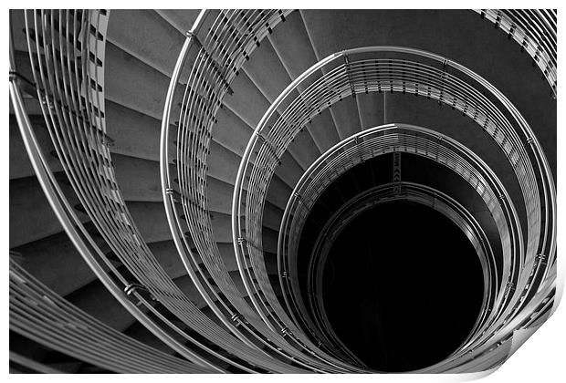 Stairwell, B&W, silver, vertical, tunnel Print by Alasdair Rose