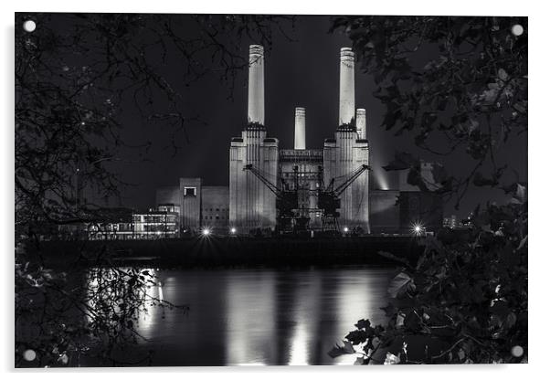 Battersea Power Station at night (mono) Acrylic by Izzy Standbridge