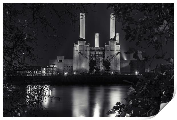 Battersea Power Station at night (mono) Print by Izzy Standbridge