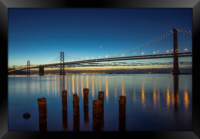 Moon over Bay Bridge Framed Print by Jed Pearson
