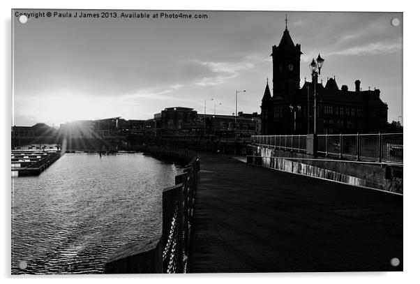 Cardiff Bay Sunset Acrylic by Paula J James