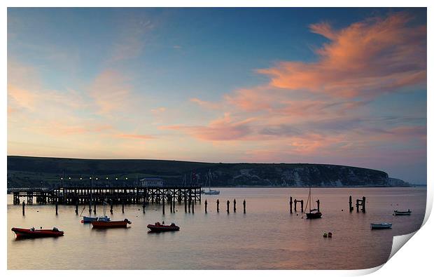 Swanage Pier & Ballard Down at Sunset Print by Darren Galpin
