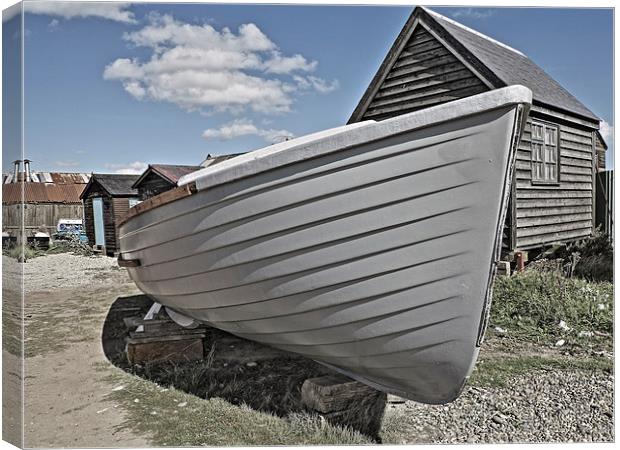 Gray Boat and Sheds Canvas Print by Bill Simpson