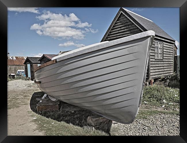 Gray Boat and Sheds Framed Print by Bill Simpson