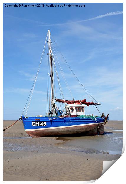A beached yacht waiting for the incoming tide. Print by Frank Irwin