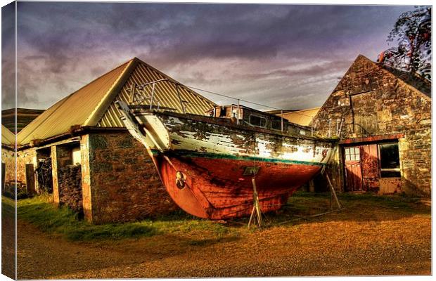 Old Boat and Farm Buildings Canvas Print by Anne Macdonald