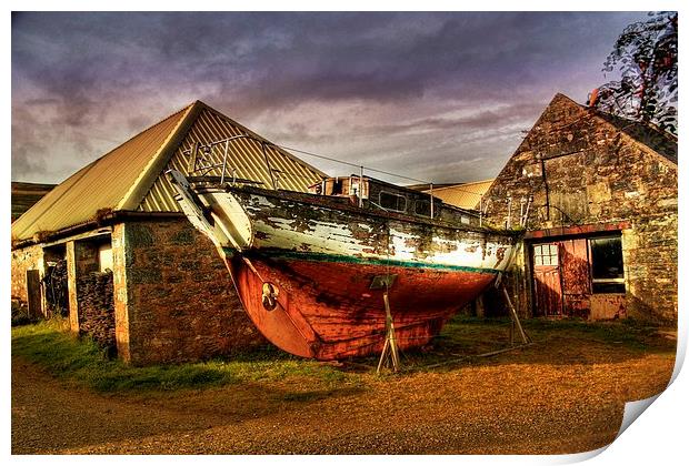 Old Boat and Farm Buildings Print by Anne Macdonald