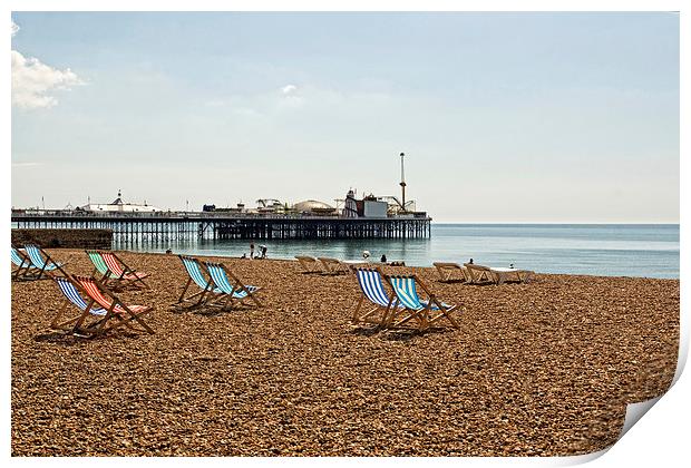 Deckchairs and Brighton Pier Print by VICTORIA HENDRICK