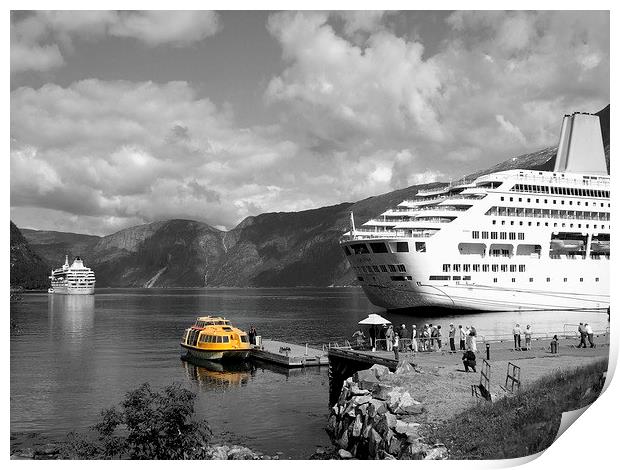 Cruise ships at Eidfjord Print by Bill Lighterness
